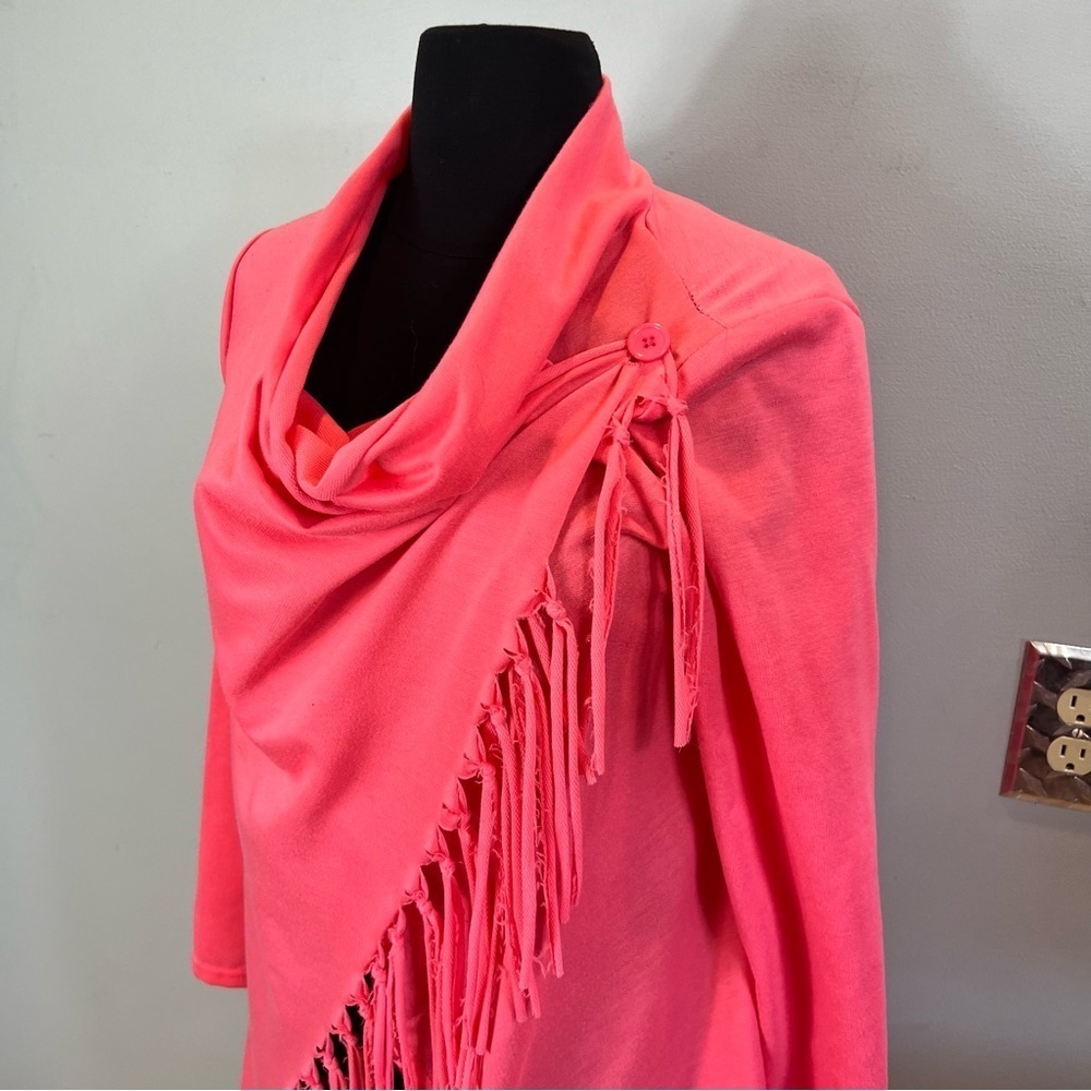 Hot Pink Lightweight Jacket Cardigan Jersey Knit Fringe Detail Assemetrical - Picture 6 of 9